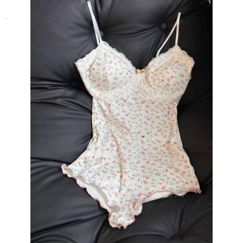 甜美法式少女感碎花连身衣带胸垫纯欲蕾丝家居服