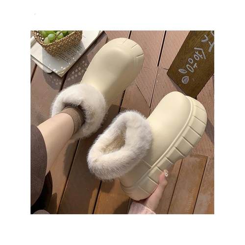 2025新款防水日系米色加绒短筒雪地靴女INS冬季外穿厚底保暖棉鞋