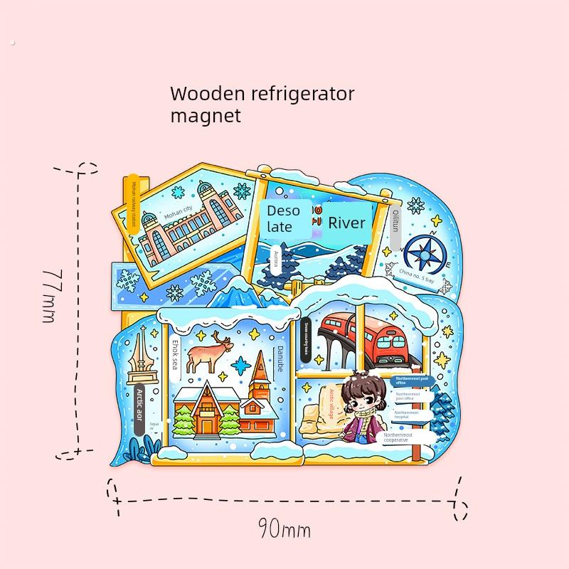 漠河冰箱贴北极村旅游木质工艺纪念品景区景点立体磁吸冰箱贴