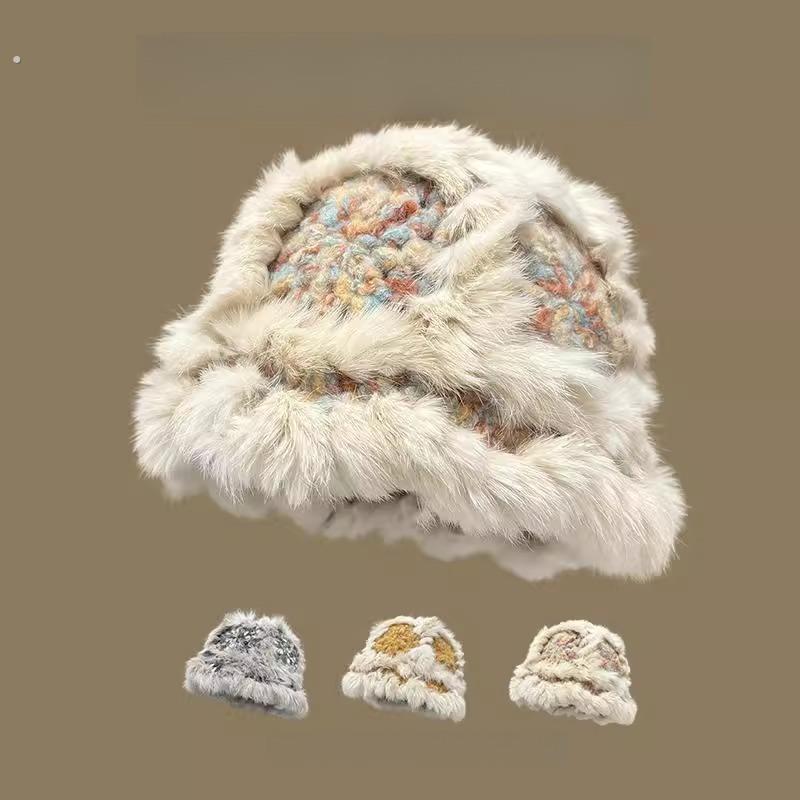 2024新款真兔毛云朵针织醒狮帽子女冬季保暖毛绒绒百搭盆帽显脸小