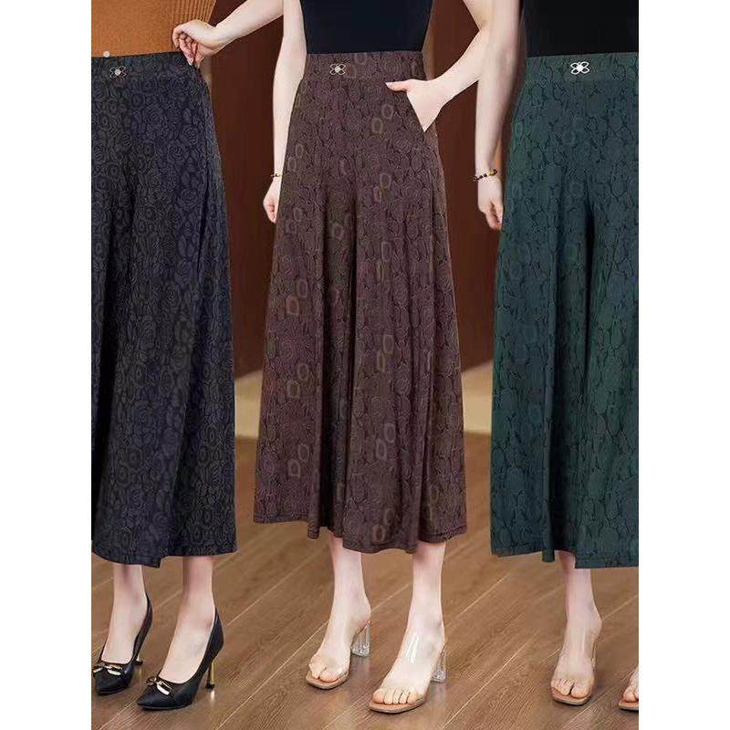 夏季新款阔腿妈妈裙裤女高腰中老年印花大码休闲阔腿裤国风大脚裤