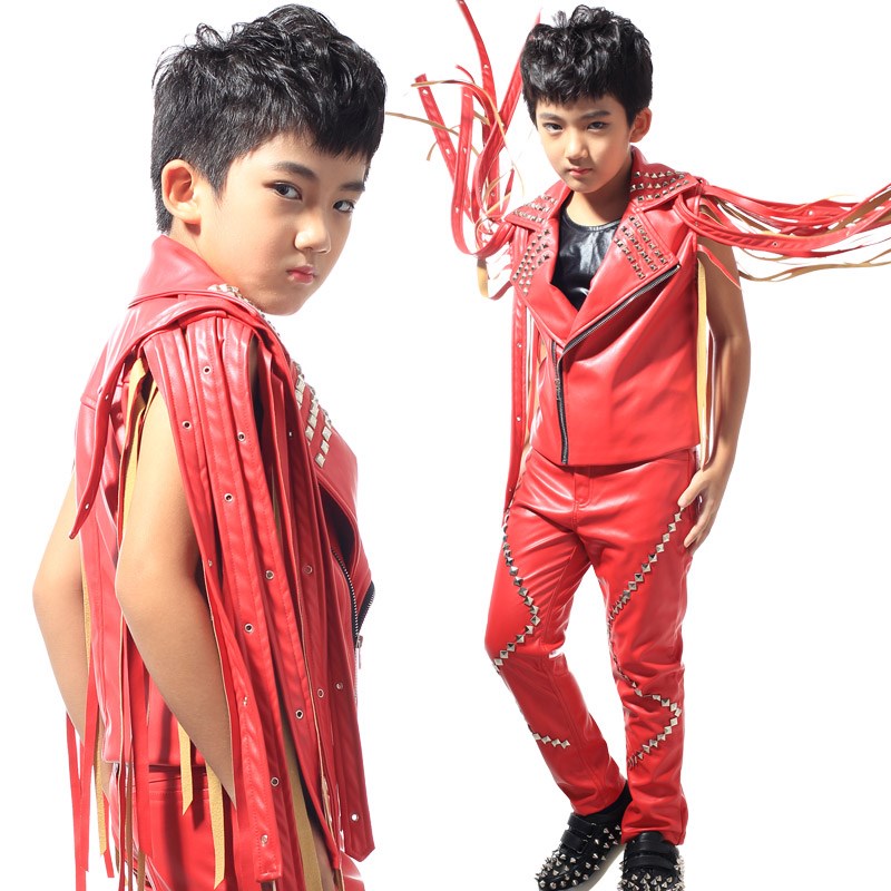 流苏修身卯钉铆钉皮马甲男童大童儿童舞台表演演出服街舞舞蹈服装