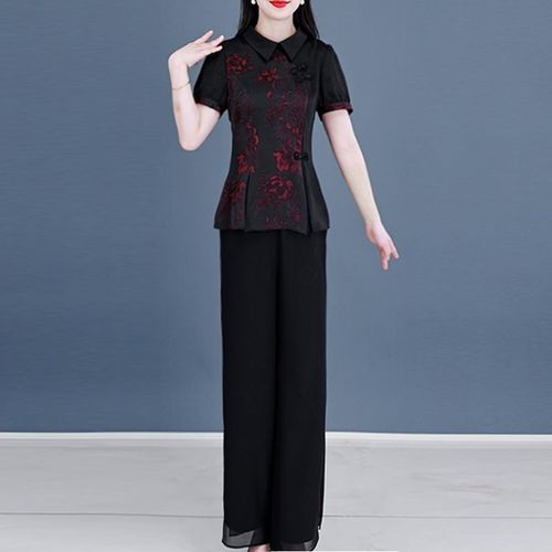 夏季真丝套装国风新款中年妈妈装改良旗袍复古盘扣时尚修身两件套