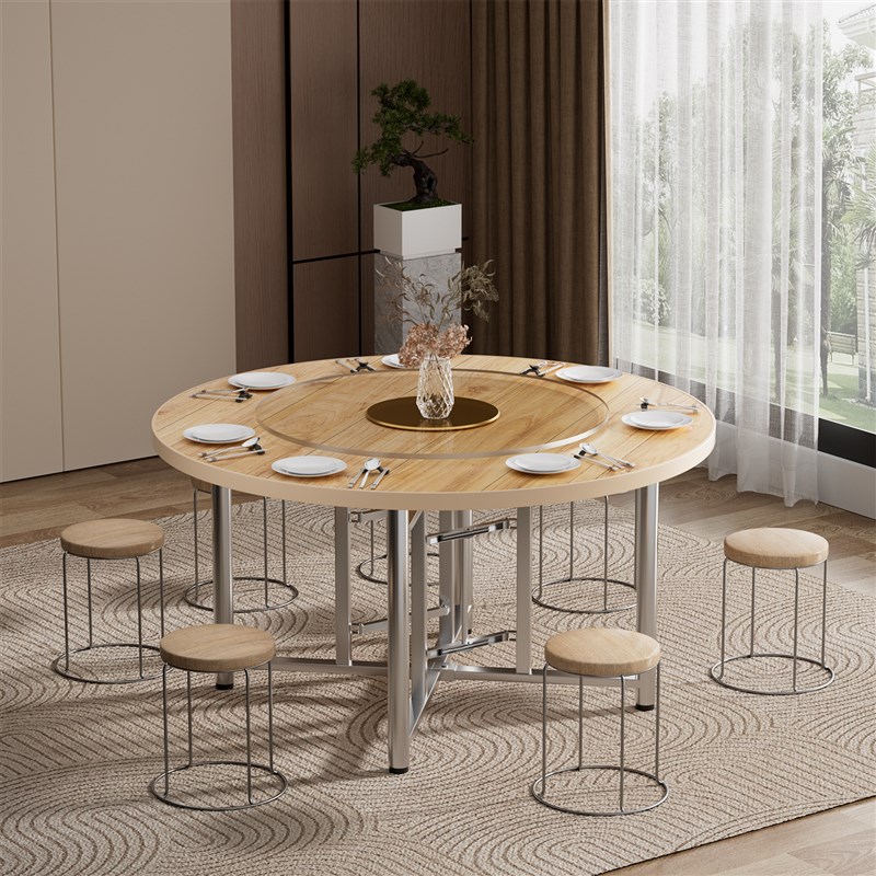 实木餐桌家用小户型农村吃饭圆桌子带转盘折叠10人15人简易大排档