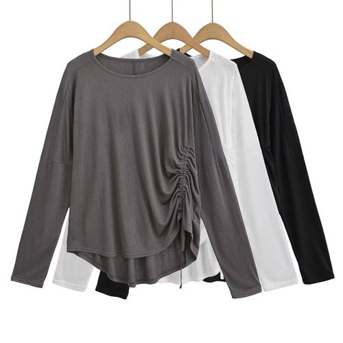 设计感侧边抽褶不对称松弛感舒适薄款长袖T恤爵士舞宽松罩衫上衣