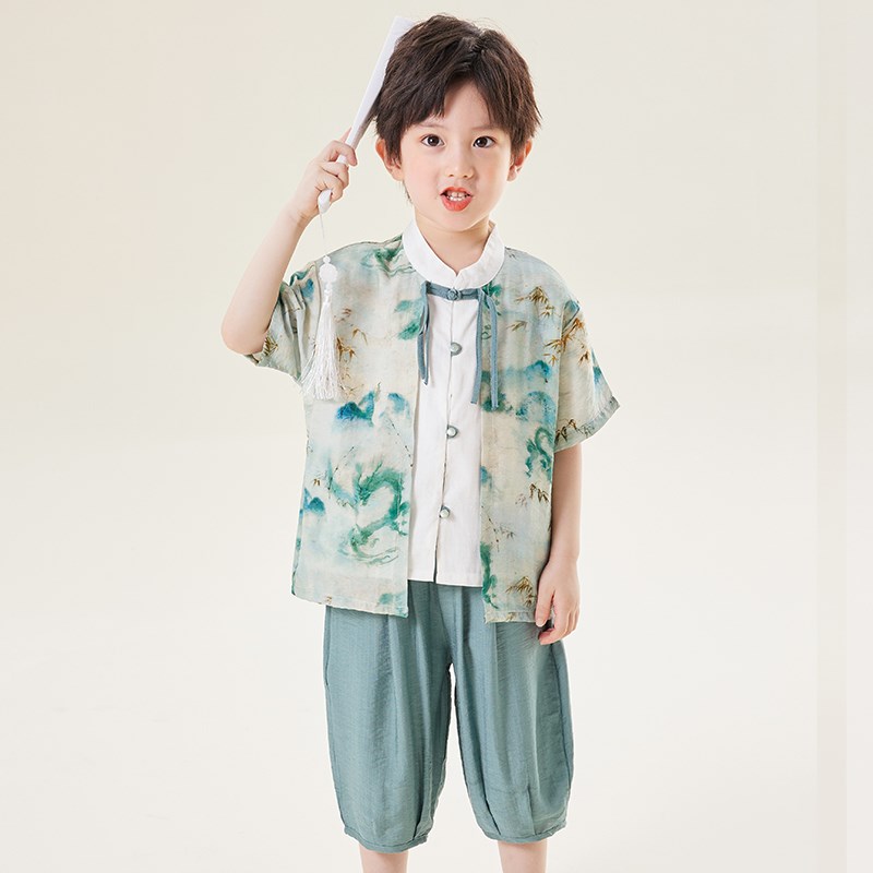 国风高级汉服男童唐装短袖套装新中式儿童古装夏季男孩古风演出服