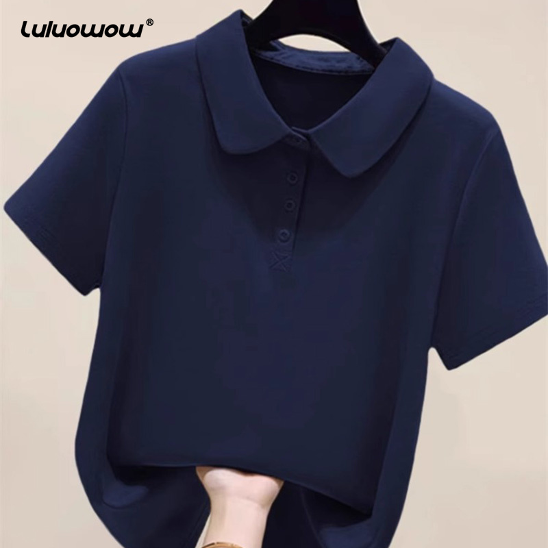 lulu owow短袖polo衫T恤女夏款翻领宽松显瘦棉质休闲大码印花上衣