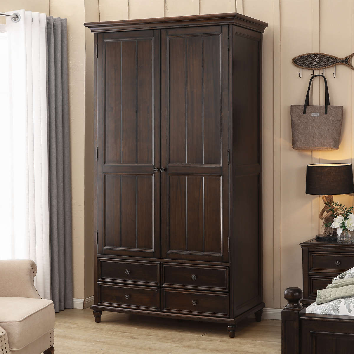 木鱼家具美式全实木两门衣柜落地乡村复古卧室顶柜储物原木家具