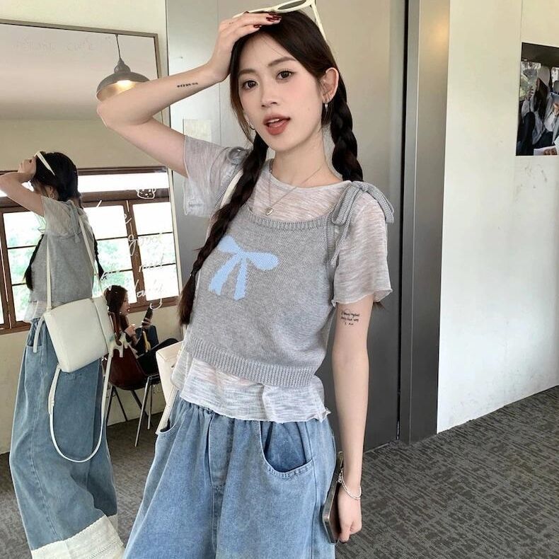 甜美蝴蝶结系带针织背心外搭吊带短袖T恤女装休闲阔腿裤三件套装