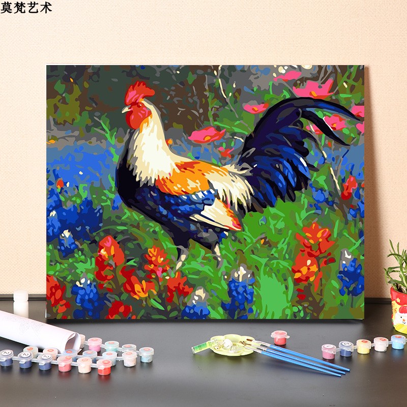 数字油画手工填中国风公鸡一家手绘画画金鸡独立涂色油彩画
