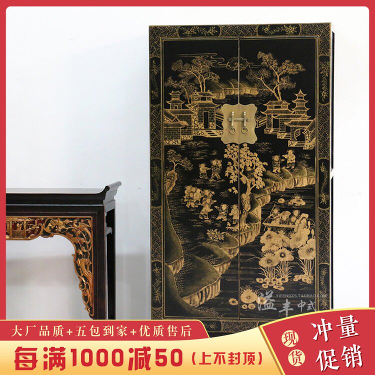 现代新中式仿古典黑色手绘两门衣柜做旧复古玄关立柜高柜