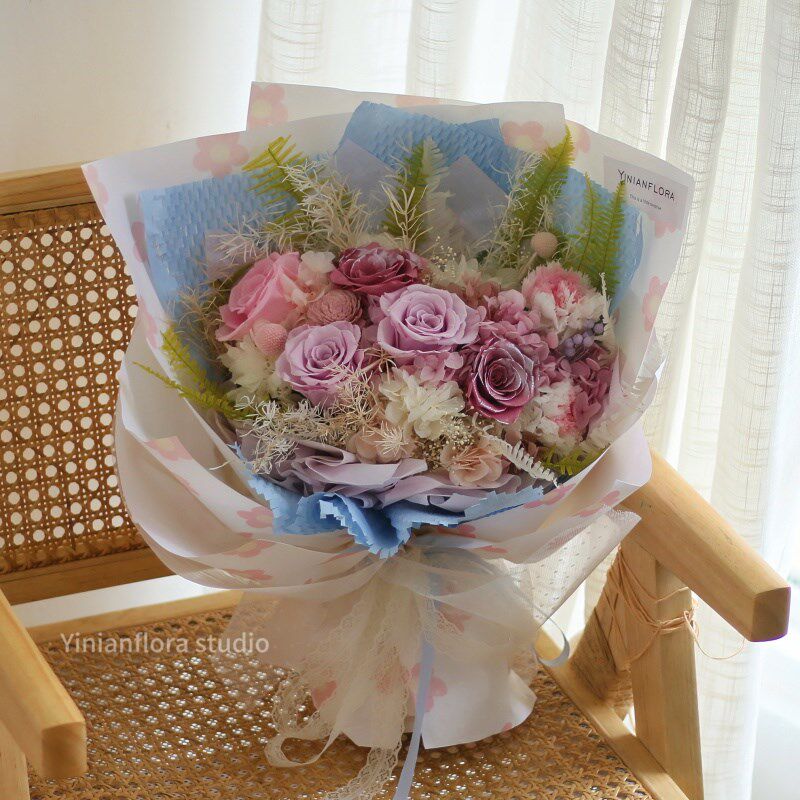 粉紫色系永生花康乃馨干花真花花束母亲节生日
