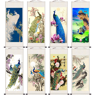 国画丹凤朝阳花鸟图孔雀图 丝绸卷轴挂画卧室客厅装饰已装裱