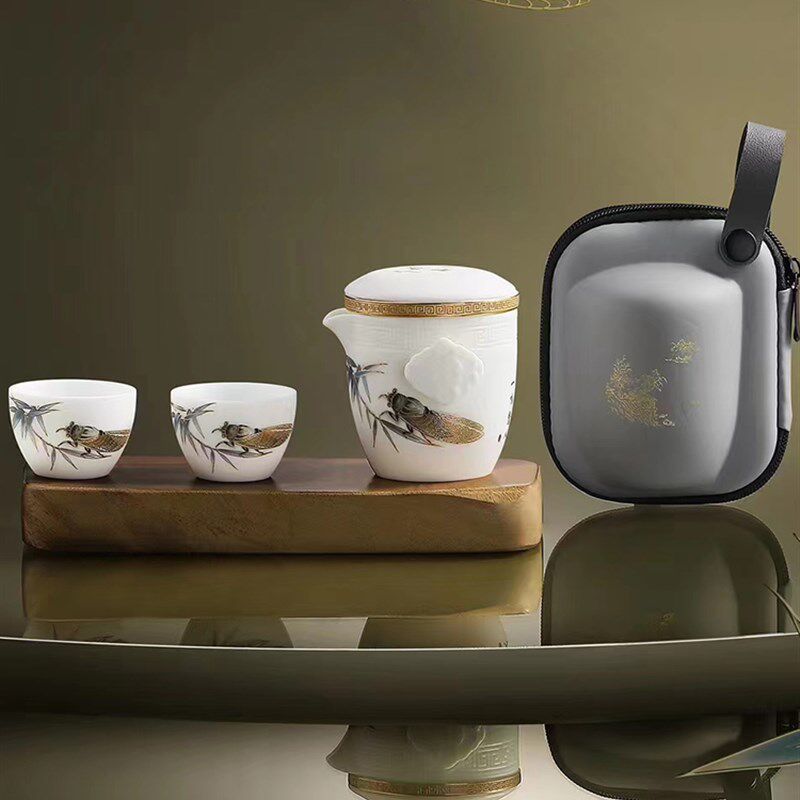羊脂玉瓷杯一壶两杯泡茶器户外便携快客杯端商务礼品定壶