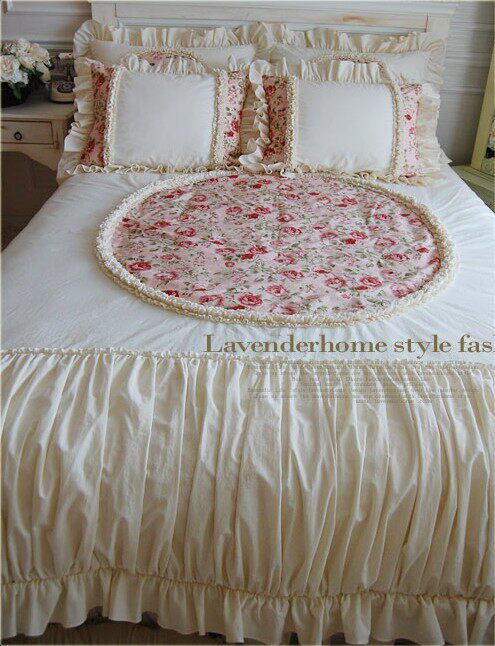 韩国粉色玫瑰花朵立体木耳荷叶边田园圆镜褶皱四件套床品