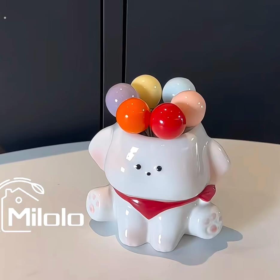 卡通小狗陶瓷收纳罐不锈钢水果叉客厅桌面装饰摆件萌宠治愈系餐盒