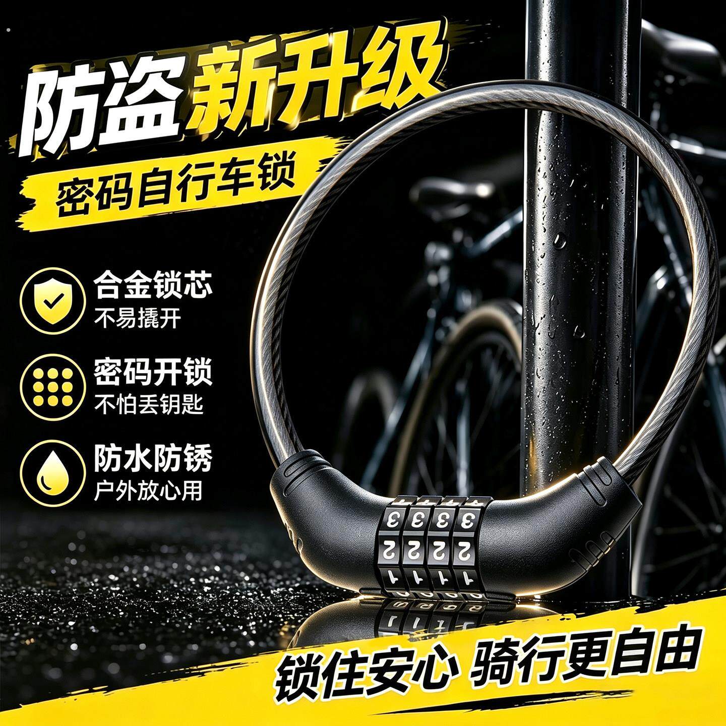 自行车锁防盗密码锁山地车便携式车锁电动车锁钢缆锁单车环形挂锁