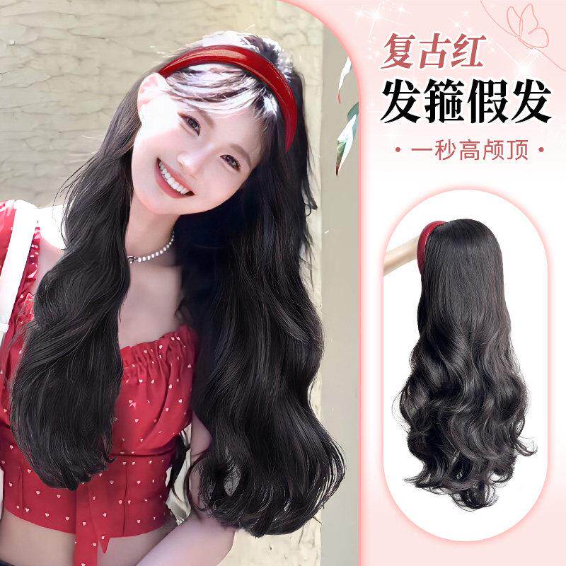复古红发箍假发一体女夏天薄款高颅顶发箍大波浪长卷发蓬松全头套
