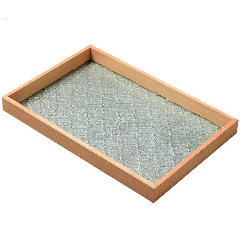 海棠压花玻璃托盘胡桃色长方形茶盘收纳摆件茶水杯子水果点心盘