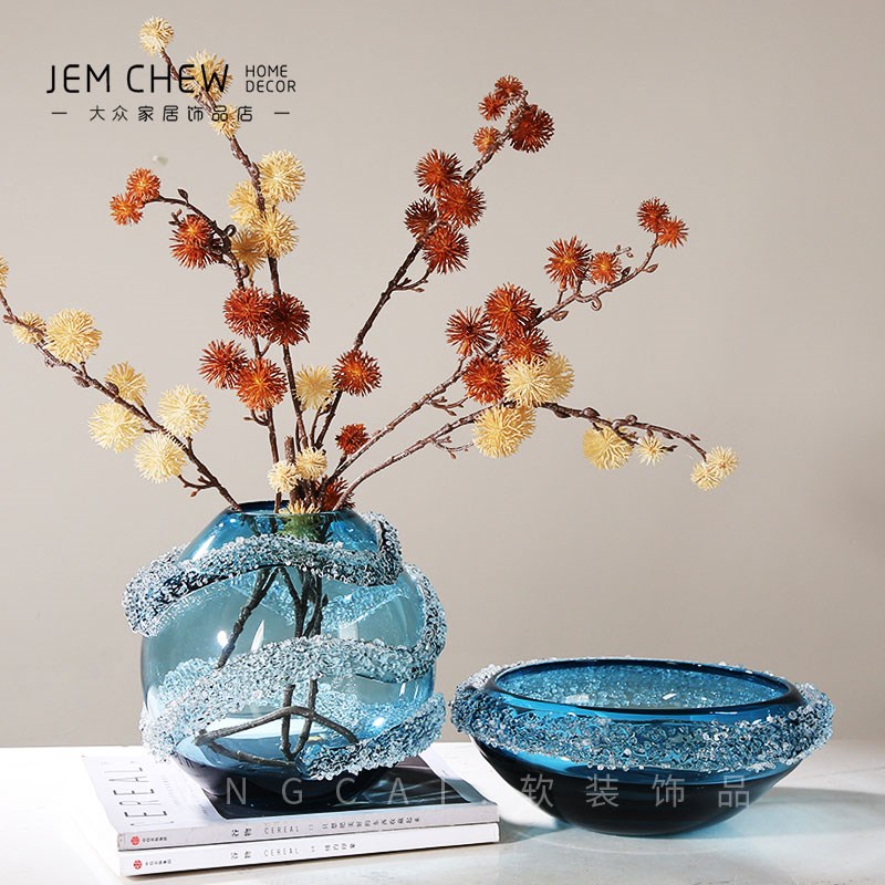 蓝色琉璃花瓶果盘售楼处餐桌收纳盘插花器饰品