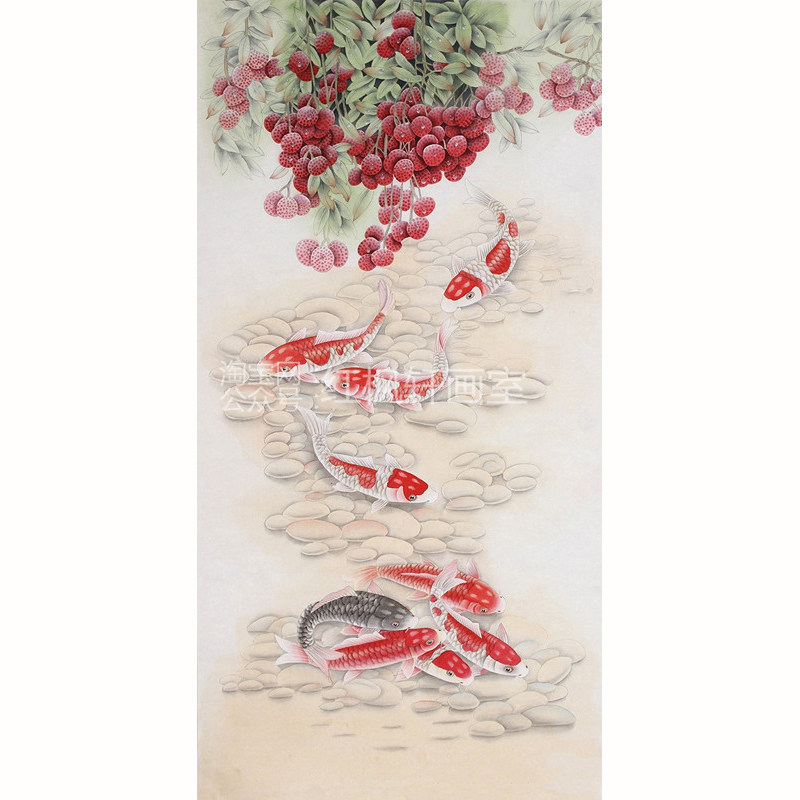 四尺国画荔枝九鲤鱼图花鸟工笔画白描底稿熟宣纸手绘稿可直接上色