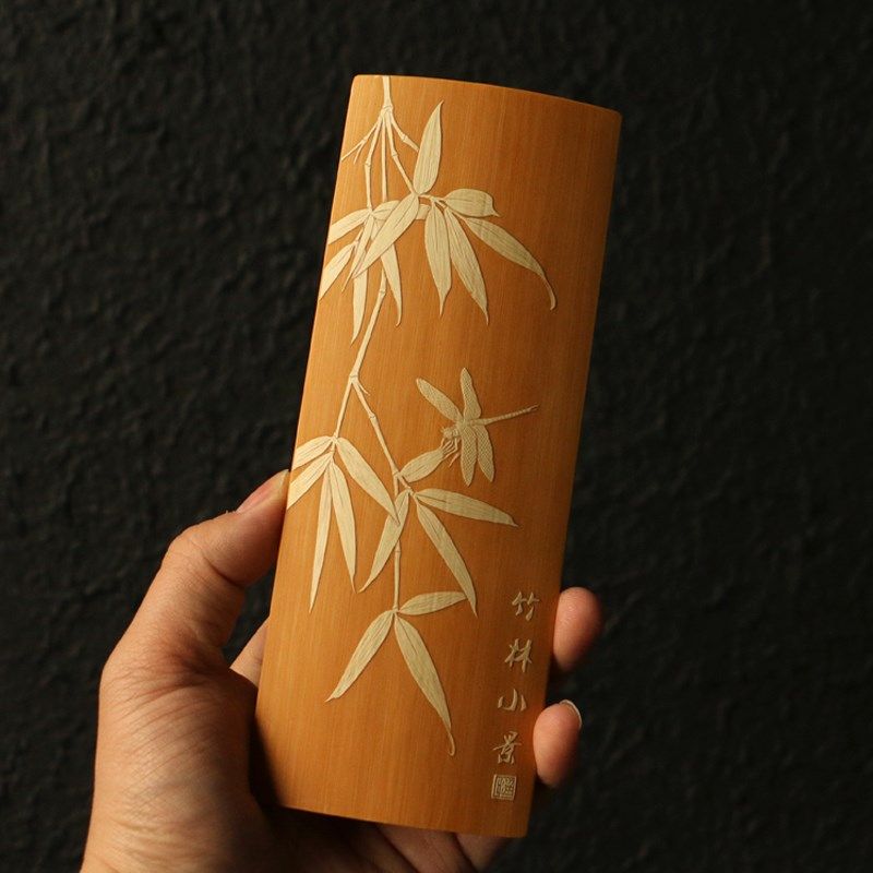 精品东阳名家戚挺飞手工留青雕刻老玉竹茶则竹雕竹小茶荷臂搁