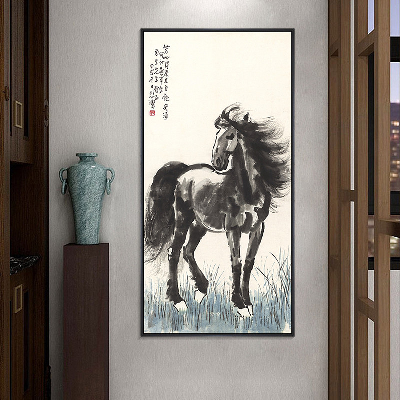 马到成功挂画玄关画马徐悲鸿画骏马奔马图气过道壁画竖