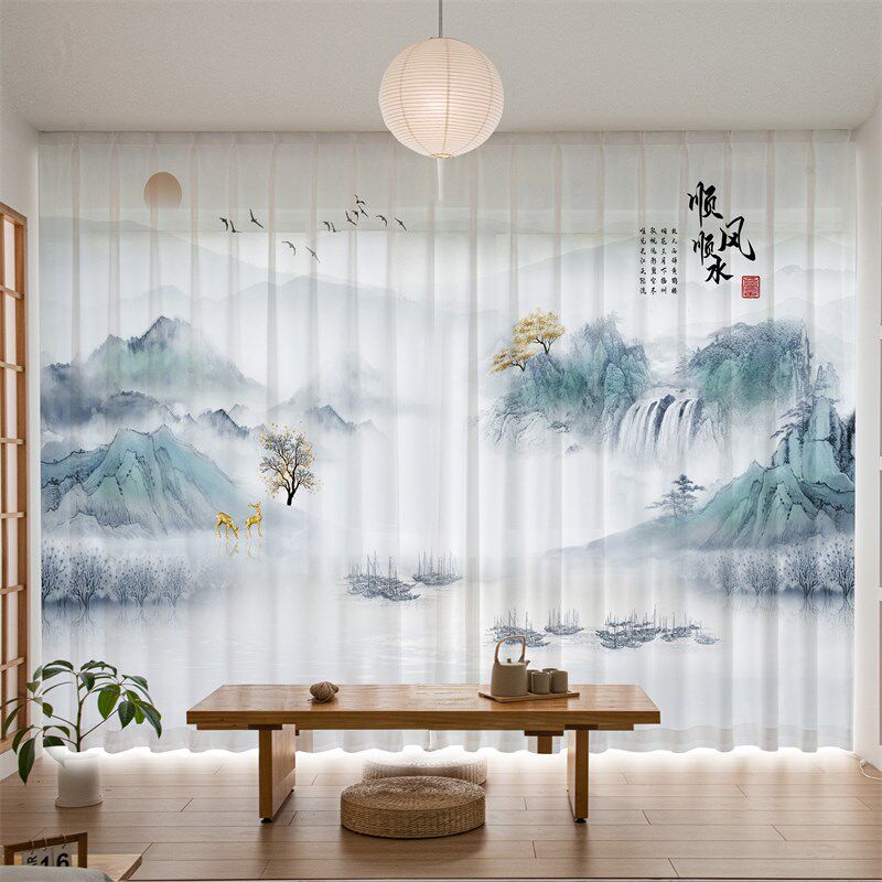 新中式窗帘阳台茶室中国风古山水墨画风景透光不透人纱帘