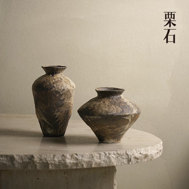 栗石粗陶陶瓷花瓶台面插花侘寂风简约样板间民宿花器