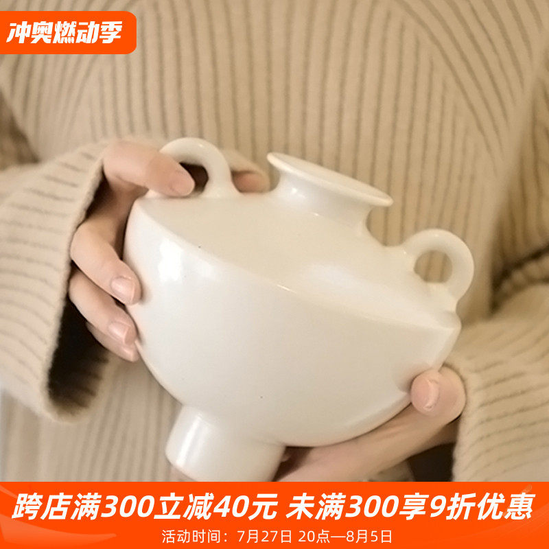 韩版侘寂风双耳陶瓷奶油花瓶插花器民宿餐厅异形