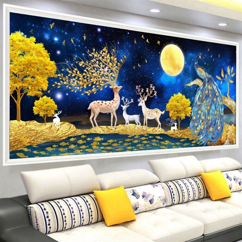 手工贴好的钻石画成品发财鹿孔雀满钻钻石贴十字绣挂画