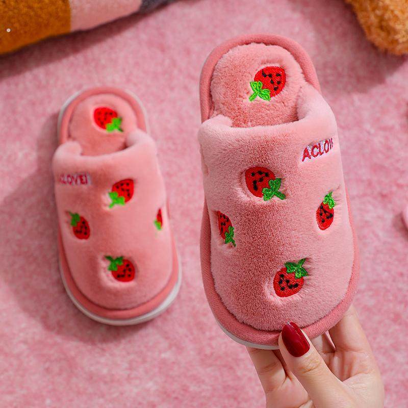 儿童草莓棉拖鞋冬天毛毛宝宝女孩秋冬季女童家居防滑小孩女宝保暖