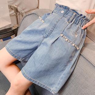 女童天丝短裤夏装大童9岁女孩7夏季薄款牛仔五分五分裤儿童裤子热