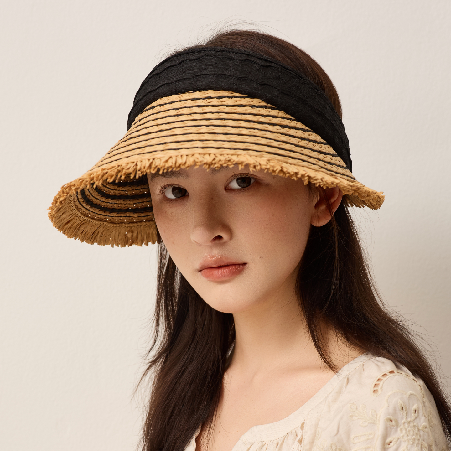 拉菲草防晒空顶帽女夏季海边出游草编帽子百搭条纹遮阳帽大檐草帽