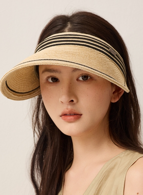 新款条纹空顶防晒帽发箍遮阳帽大檐编织草帽夏季通勤百搭太阳帽女