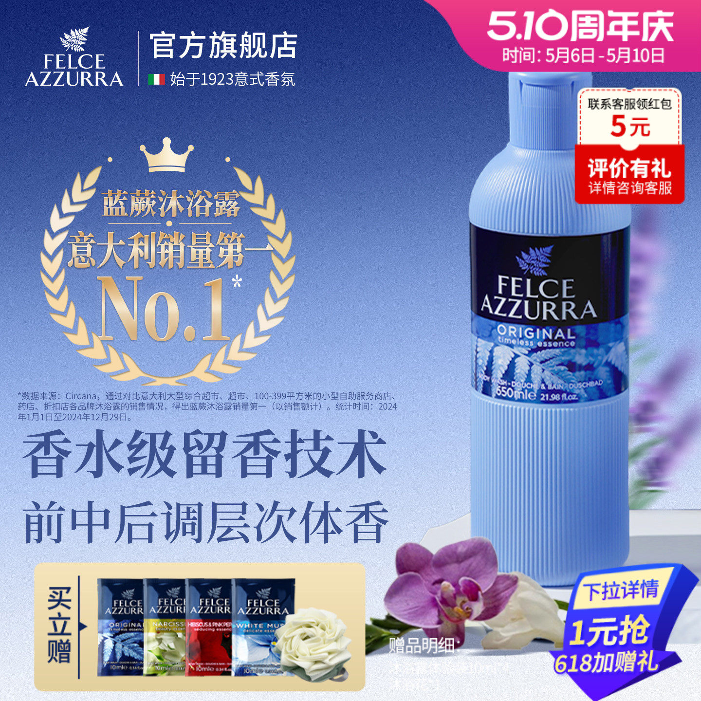 意大利蓝蕨香氛男女沐浴露清爽净异味持久留香沐浴啫喱