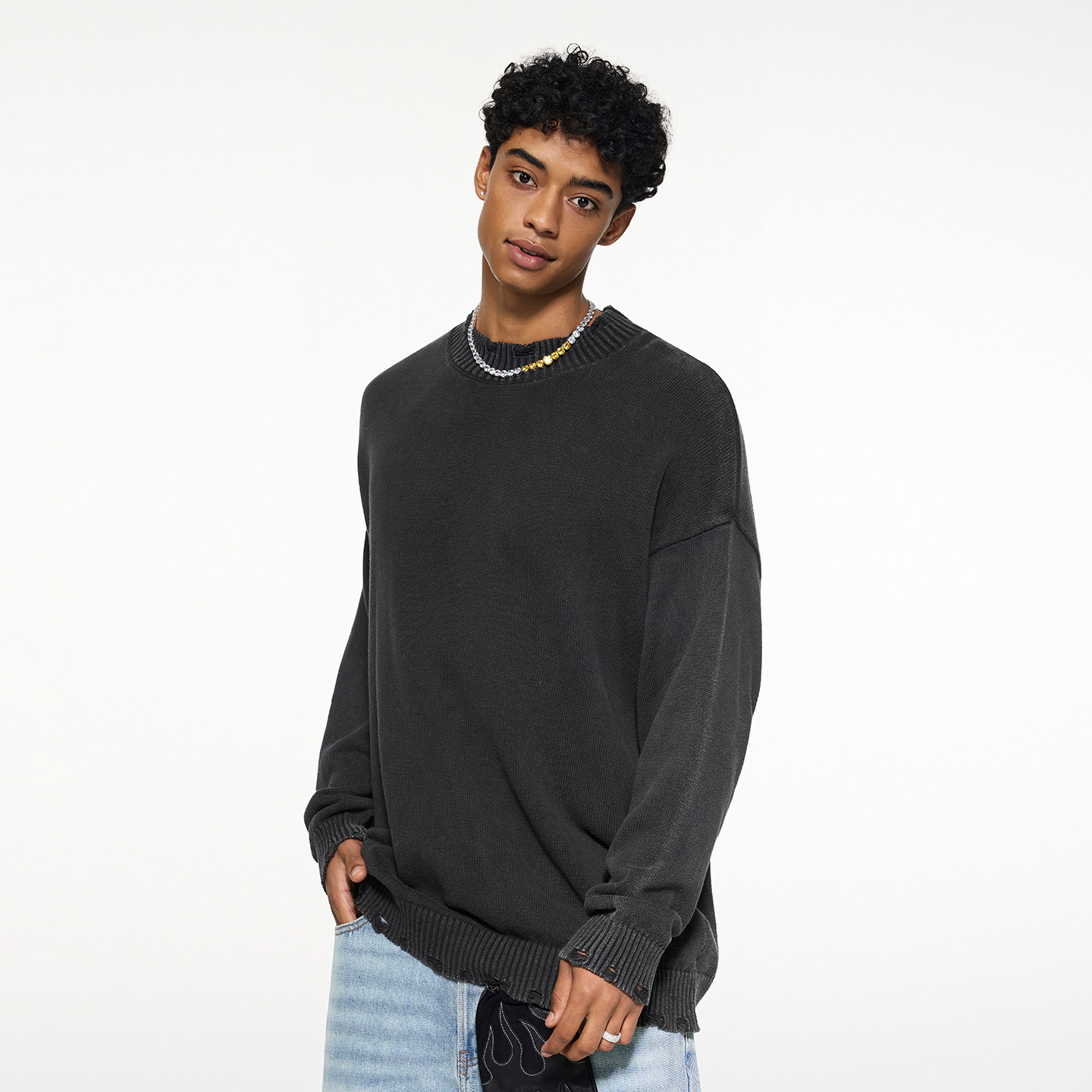 美式复古毛衣慵懒高级感重磅水洗做旧不规则破洞毛衫保暖针织衫潮,男装,针织衫/毛衣,淘宝优惠券,粉丝福利购,淘宝优惠卷