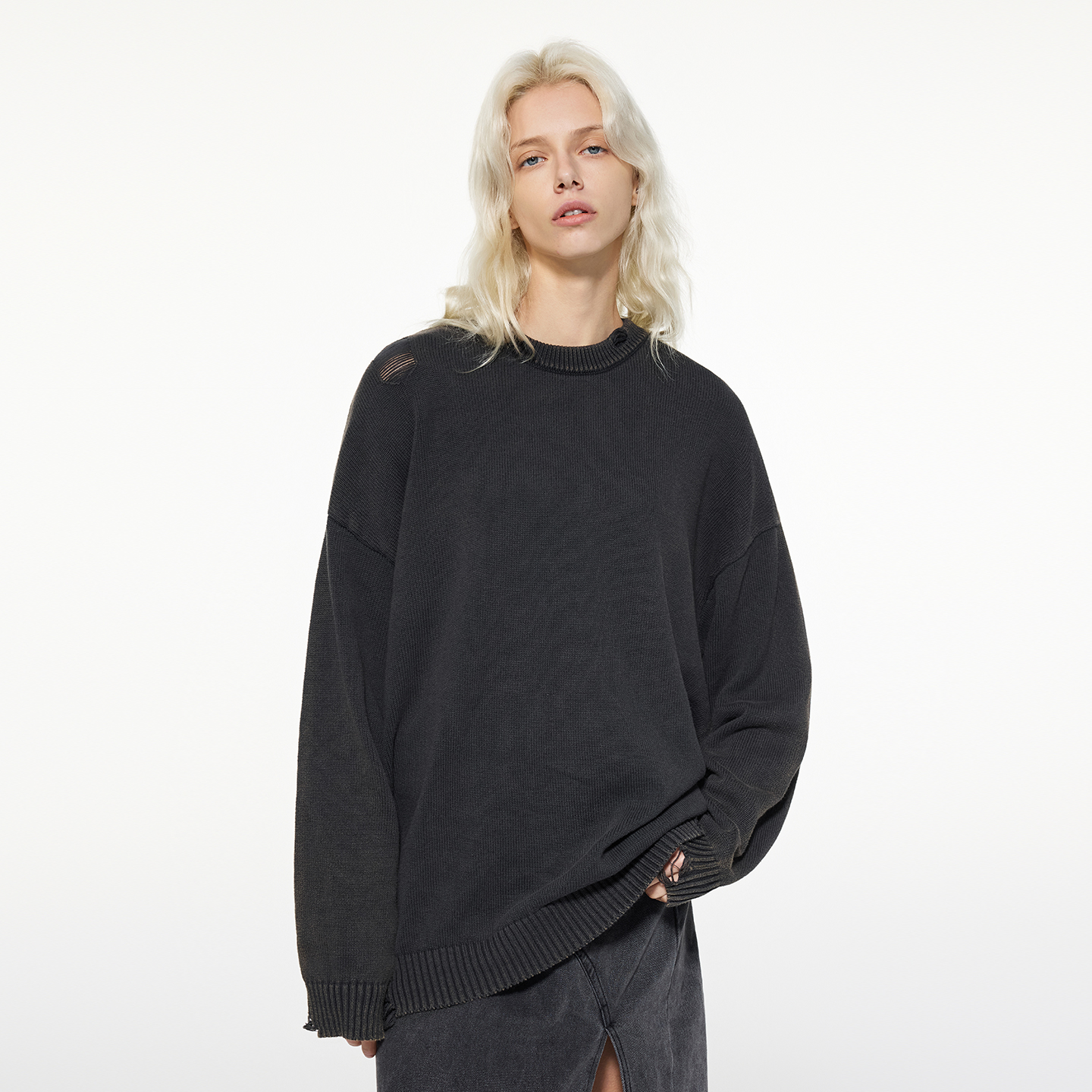 复古水洗做旧破洞渐变毛衣