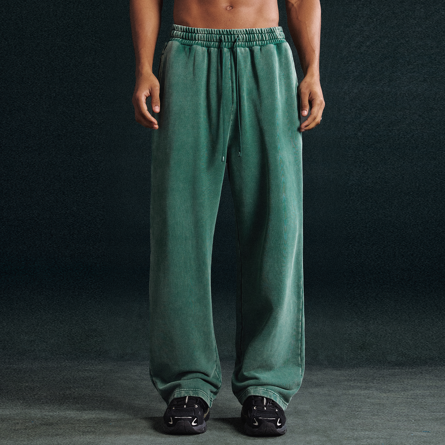 美式复古做旧慵懒风绿色直筒卫裤