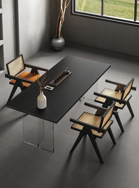 侘寂风炭化黑色实木极简风餐桌家用亚克力悬浮会议办公书桌小户型