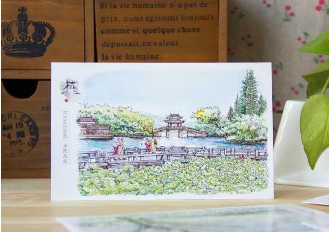 中国风景旅游明信片包邮 浙江杭州明信片风景旅行手绘纪念贺卡片