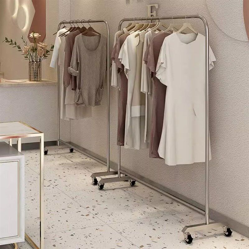 不锈钢服装店展示架落地架子陈列专用女装挂衣架单杆货架移动轮