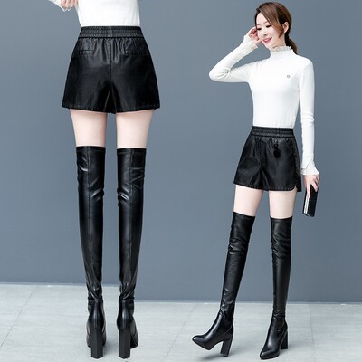 PU皮短裤女时尚新款2021冬款加绒加厚小个子皮裤显瘦阔腿靴裤外穿