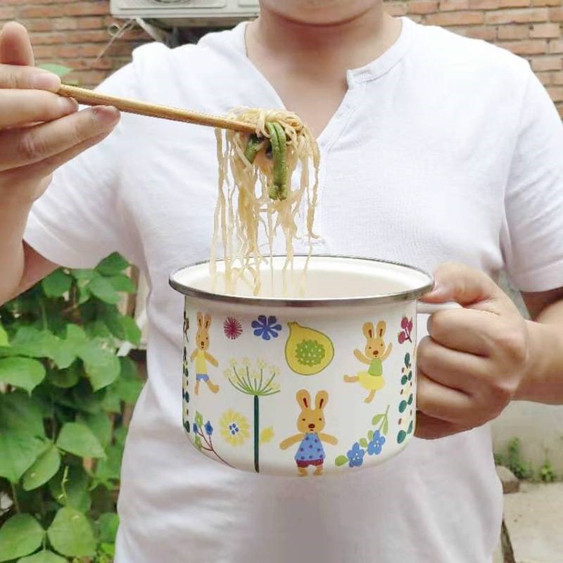 加厚搪瓷平盖快餐杯饭缸饭盒老式怀旧泡面碗带盖带把手餐杯瓷饭碗