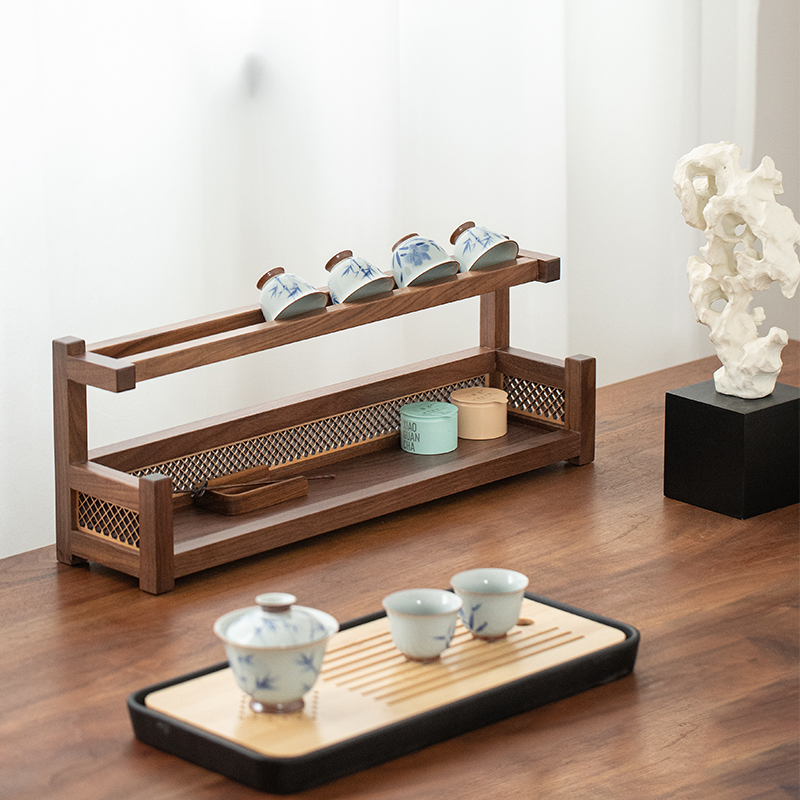 黑胡桃茶杯架子实木茶具茶壶紫砂壶收纳架中式多宝阁桌面小博古架