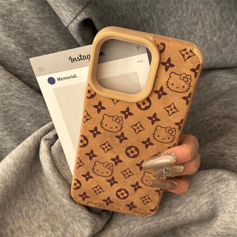 满屏花纹kt猫适用于iPhone17苹果/华为/vivo/小米/oppo翻毛皮手机壳ip16promax/15/14/13棕色Mate70/Pura70软