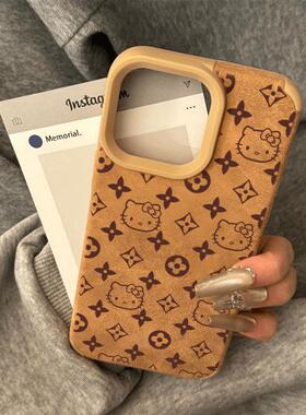 满屏花纹kt猫适用于iPhone17苹果/华为/vivo/小米/oppo翻毛皮手机壳ip16promax/15/14/13棕色Mate70/Pura70软