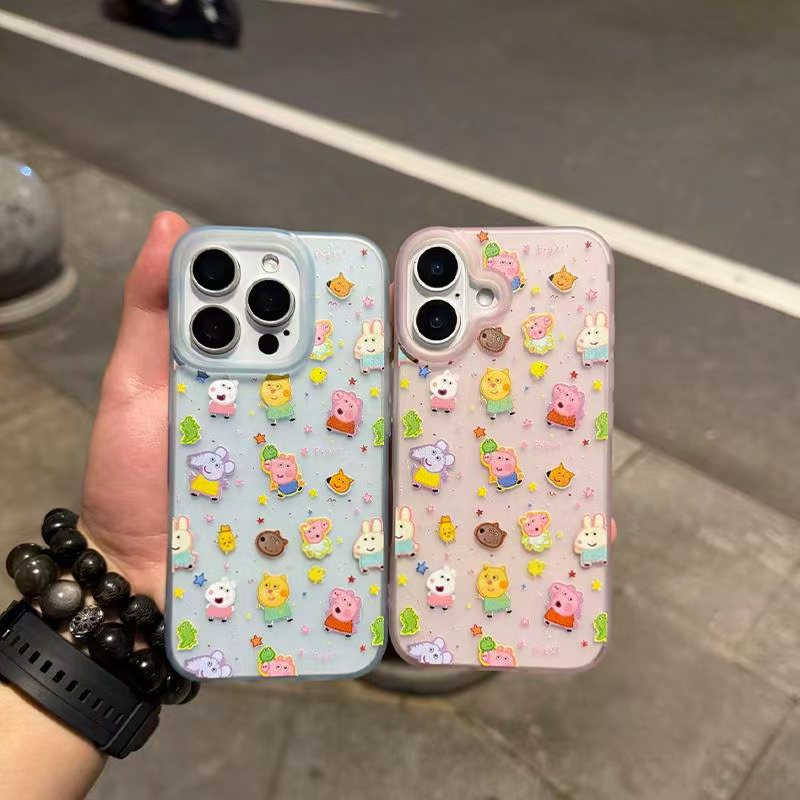彩色小猪佩奇适用于17苹果16promax手机壳iPhone17AIR透明ip15Plus彩色磨砂大孔14pm苹果13保护套Xsmax防摔壳