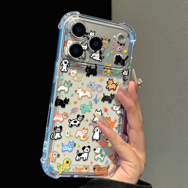 涂鸦猫猫狗狗适用17iPhone17promax/16plus/15pro手机壳苹果13气囊防摔壳17AIR新款12PROMAX11保护套14PROMAX