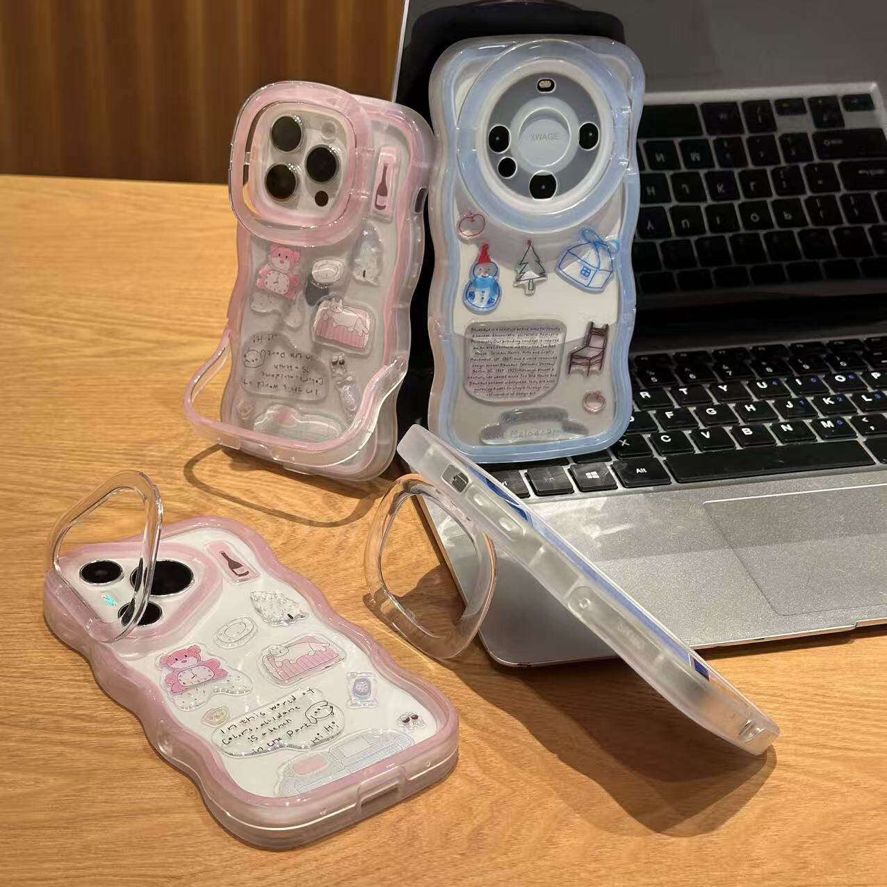 雪人粉熊滴胶贴纸板凳双支架适用于苹果16promax手机壳iPhone15软壳华为mate70新款oppo卡通小米15少女心vivo